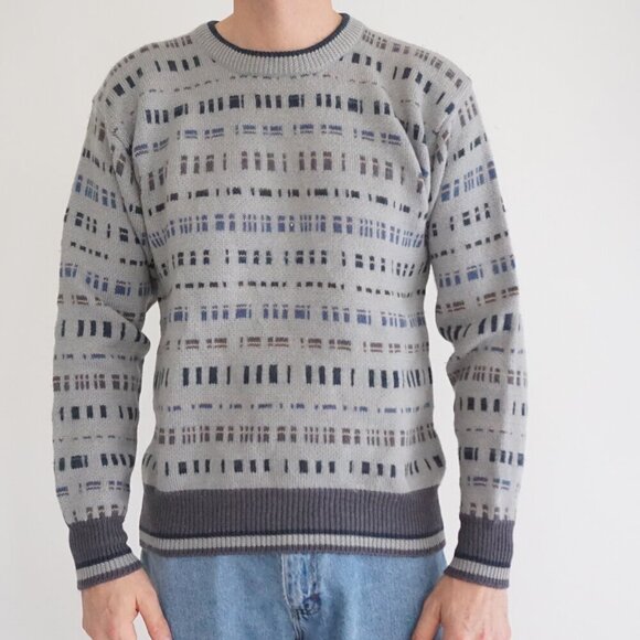 VTG '80s Woodstock By Bernard 100% Pure Virgin Wool Gray Blue Knit Sweater M - Picture 1 of 9